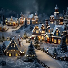 Christmas village at night with houses and trees covered with snow, 3d illustration