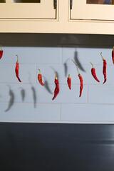 Chili pepper string before tiled kitchen backsplash. 