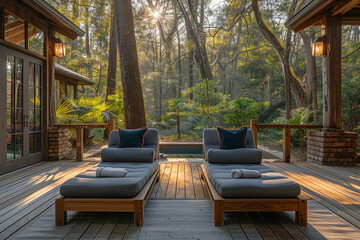 **two lounge chairs are on a deck in the forest, in the style of exotic flora and fauna, landscape-focused, expansive landscapes, organic, southern countryside, high quality photo, plein air landscape - obrazy, fototapety, plakaty