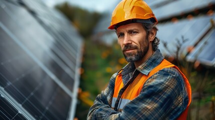 A electricity man in a hard hat and orange vest stands in front of a solar panel array