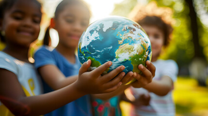 Group of children celebrating earth day. Happy kids holding globe at public park. Generative AI model