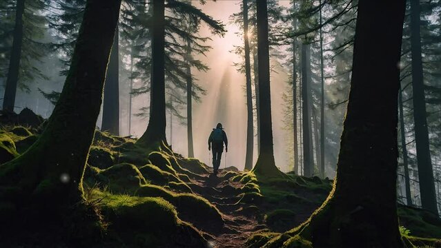 An artistic representation of perseverance and ambition, showing people hiking in a forest during the morning in a looping video