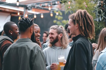 Multiethnic group of friends having fun together at a rooftop party