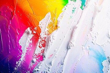 Dynamic paint strokes and splatters in rainbow colors cascade across a canvas, full of texture and energy.