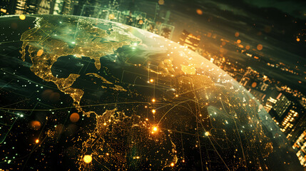 World map with interconnected countries with lines, points of light, and technological nodes. Modern and futuristic wallpaper of economy, trade, and geopolitics for a current news background