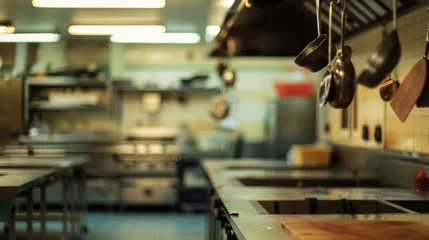 Fotobehang Defocused image  3 A hazy outoffocus view of a culinary classroom with the faint silhouettes of aprons hanging on hooks. The dimmed lighting and muted tones exude a sense of serenity . © Justlight