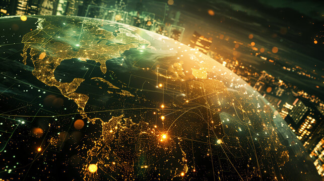 World map with interconnected countries with lines, points of light, and technological nodes. Modern and futuristic wallpaper of economy, trade, and geopolitics for a current news background