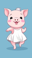 Fototapeta premium A cute cartoon pig wearing a white dress and dancing happily.