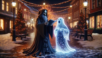 A ghost and the Grim Reaper are singing carols in a snowy street.
