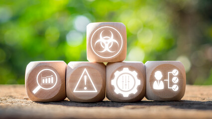 HACCP concept, Wooden block on desk with hazard, analysis, critical, control and points icon on...