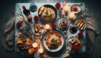 Top-down view of a romantic Italian dinner setting for two, featuring spaghetti carbonara, bruschetta, Chianti, and tiramisu, with candles and roses