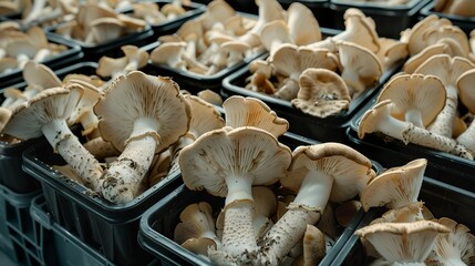 A high-tech indoor greenhouse that grows king oyster mushrooms in boxes. King oyster mushrooms in large cultivation area. - obrazy, fototapety, plakaty