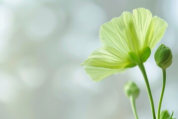 A light green flaxseed flower on the right side of the picture, closeup, often beautiful - obrazy, fototapety, plakaty