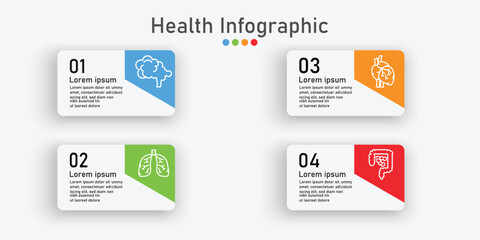 Infographic health care template for treatment and health care information presentation. Vector square with organ icons and examples sentences. Modern workflow diagrams. Report plan 4 topics