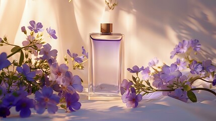 Luxurious Purple Flowers Surrounding Glass Bottle