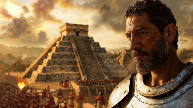 Epic historical scene of a victorious Spanish conquistador after the conquest of Tenochtitlan against the Aztec Empire, with the Mayan stepped pyramid in the background under a golden sunset sky