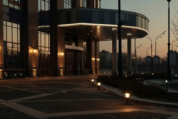 Modern office building windows lit in evening night early morning long working hours exhaustion overtime exterior urban architecture skyscraper lights tower financial sector banking hq headquarters