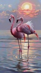 A pair of flamingos, with pink feathers shining in the setting sun, gracefully wade through shallow water on an endless lake  - obrazy, fototapety, plakaty