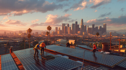 City Skylines Go Solar: Technicians Install Rooftop Panels in Urban Landscapes - obrazy, fototapety, plakaty