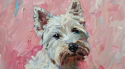 West Highland White Terrier headshot portrait, pink background, oil painting, 