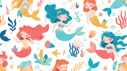 Fototapeta na wymiar Colorful seamless pattern with fairy mermaids and c