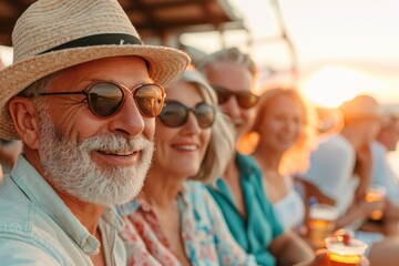 Cheerful senior man in hat and sunglasses looking at camera with friends on background