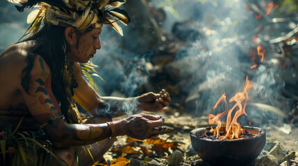 Shamanic ritual with a Mayan shaman in the jungle of Peru or Mexico in front of the fire, for an astral journey with ayahuasca. Ancestral knowledge and power plants in Mesoamerica.