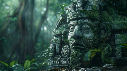 Mayan or Aztec ruins with the head of a deity carved on the rock in the jungle, covered in moss and vegetation, with tall trees in the background. Wallpaper of an ancient Native American civilization
