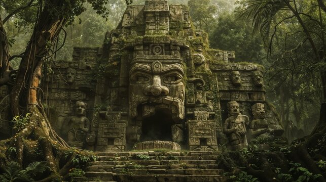 Ancient pre-Columbian indigenous temple lost in the jungle, from the Maya, Inca, or Aztec culture, with a deity carved in the rock and the mouth open as the entrance to the cave. Mysterious wallpaper
