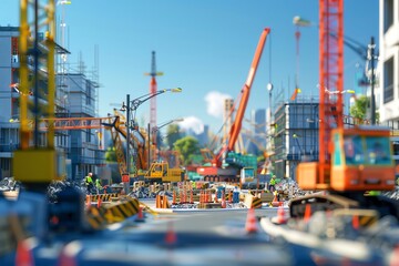 Civil systems engineering, urban infrastructure, busy construction site, clear day, 