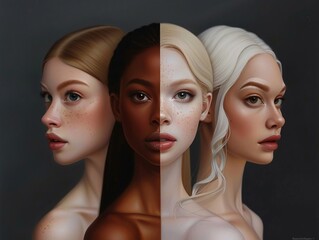 A realistic portrait of four women with different skin tones, each side representing one womans face