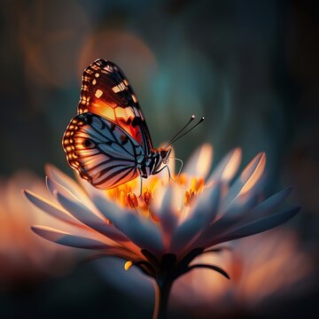 Commercial photography, butterfly on delicate flower, soft natural lighting, macro lens, 