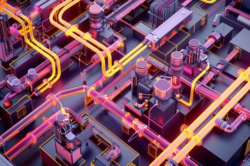 Heating network diagram, urban infrastructure, detailed pipes and nodes, educational style,  - obrazy, fototapety, plakaty