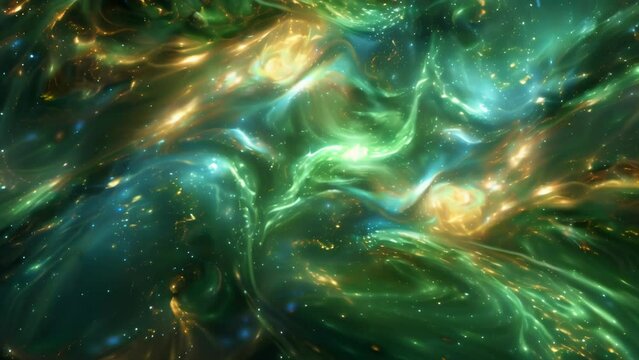 A luminous turquoise galaxy swirls and flows in an expansive spiral. Nebula-like textures and particles of light intertwine, evoking a fantastical atmosphere and the mysteries of the cosmos.
