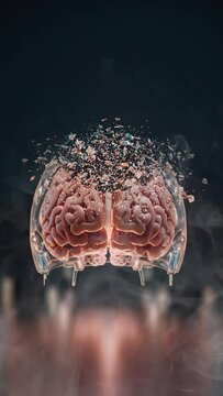 Graphic representation of an artificial brain enclosed in a transparent container that breaks, symbolizing a technology explosion and the associated risk of uncontrolled artificial intelligence.