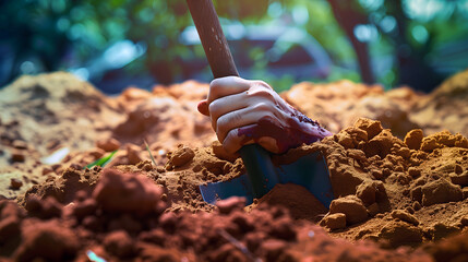 Self-sabotage or digging your own grave concept. close-up of a hand gripping a shovel digging into dirt