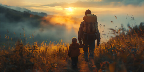 Father's Day theme with father and his child traveling and hiking or doing outdoor activity...