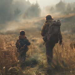 Father's Day theme with father and his child traveling and hiking or doing outdoor activity together in the nature 