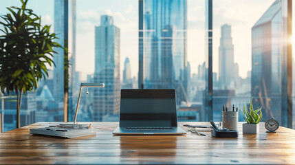 Boardroom Calm: Empty Table with Window Sky View