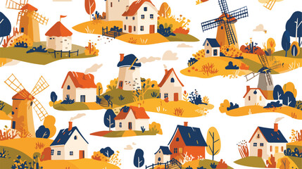Colorful seamless pattern with watermills and windm - obrazy, fototapety, plakaty