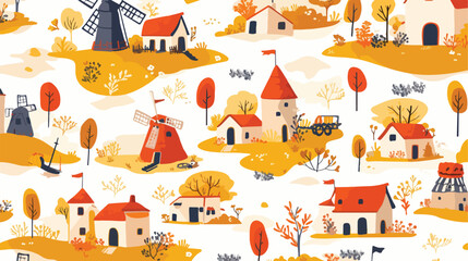 Colorful seamless pattern with watermills and windm - obrazy, fototapety, plakaty