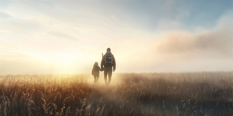 Father's Day theme with father and his child traveling and hiking or doing outdoor activity together in the mountain at morning 