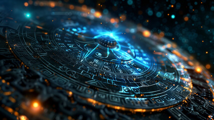 Wallpaper for an ancient prophecy. Circle with mysterious blue glowing Mayan petroglyphs for making astrological predictions of the zodiac and a cosmic background for a banner.