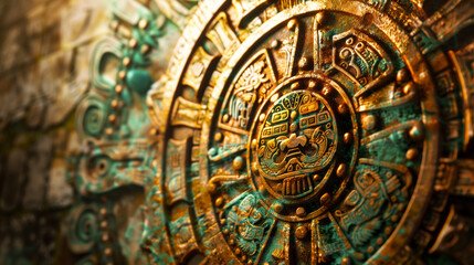 Golden and turquoise Mayan calendar with intricate glyphs and symbols, exuding ancient mystique. Textured pattern for the background of a mesoamerican wallpaper
