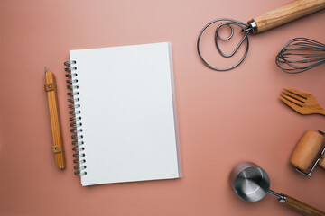 The mockup notebook cooking utensil for food ingredient, recipe, menu and plan on flatlay background.