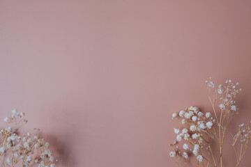 The spring background with copyspace. Minimal pink and flower decoration for flatlay background.