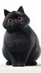 fat cute fluffy black British Shorthair cat, orange eyes, aloof facial expression - obrazy, fototapety, plakaty