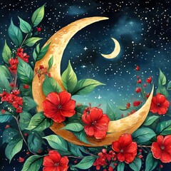 A crescent moon with red flowers and green leaves is floating in the pretty night sky