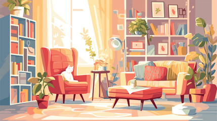 Comfy living room interior with cats sitting on arm