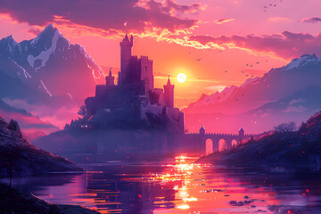 Castle on river island at sunset in fantasy mountain landscape, illustration suitable for fantasy or adventure themes.